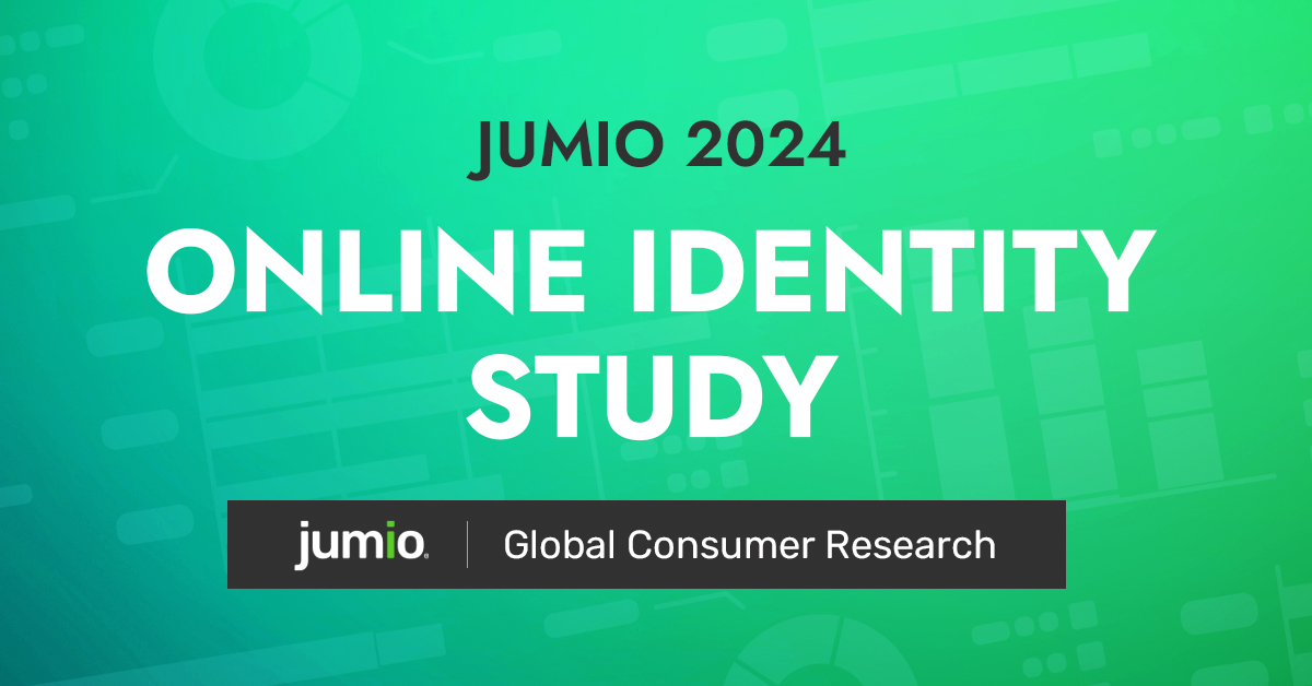 image text reads: Jumio 2024. Online Identity Study. Jumio Global Consumer Research. Image text shown on blue and green gradient background.