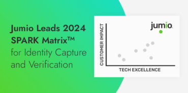 image of graph with green dot representing Jumio. Chart vertical axis reads: customer impact. Charts horizontal axis reads: Tech excellence. Image text reads: Jumio Leads 2024 Spark Matrix(tm) for identity capture and verification.